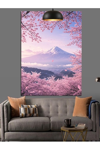 Japonya'da Kiraz Çiçekleri Arasında Fuji Dağı Dekoratif Kanvas - Mdf Ahşap Tablo