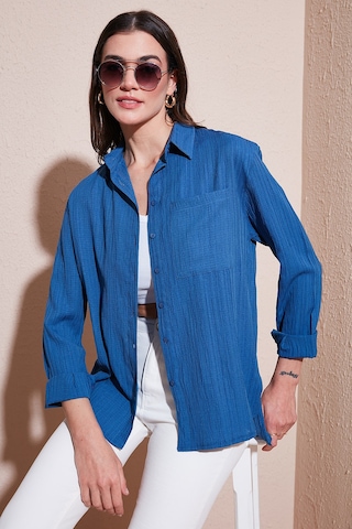 Lela Regular Fit Tek Cepli Önü Kısa Arkası Uzun Krinkıl Bayan Gömlek 6772752 Indigo