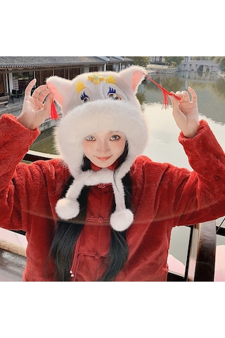 Şık Kışlık Polar Şapka, Kulaklıklı Kalın Ve Sıcak Polar Şapka, Stil 8 Beyaz