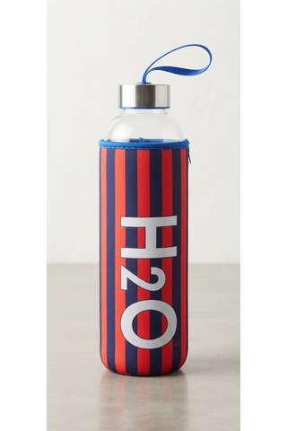 H2o Desenlı Kılıflı 750 Ml Cam Matara Çızgı Mavi