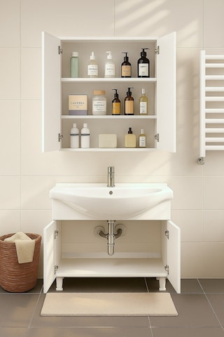 Makbulce 80 Cm Beyaz Mdf Seramik Lavabolu Ayaklı Aynalı Banyo Dolabı Beyaz