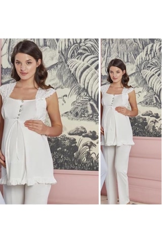 Birolgaye Bone Club 4708 Ecru Yeni Sezon Omuz Dantel Lohusa Pijama Takım