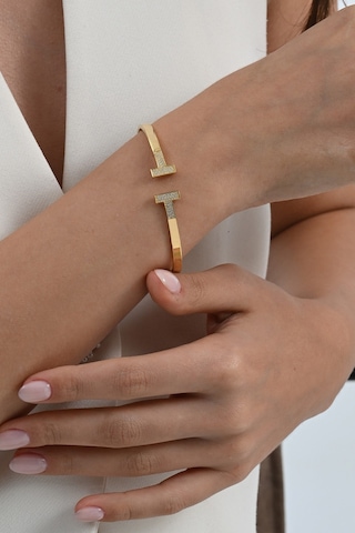 925 Ayar Gümüş Altın Yaldızlı Zirkon Taşlı T Model Bilezik Barcode Rose Gold - Gümüş