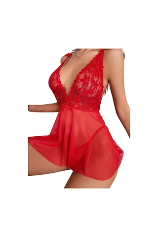 Kırmızı Dantel Detaylı Transparan Fantazi Gecelik Kırmızı