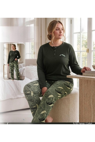 Angelina Kadın Battal Düğmeli Yaka %100 Pamuk İnterlok Kışlık Pijama Takımı 10004 - 1 Adet Haki