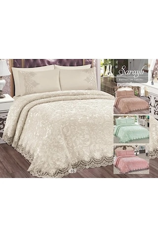 Fransız Güpürlü Battaniye Yatak Örtüsü Seti Kutusuz Battaniye Seti Ekru