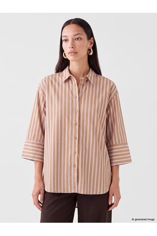 Lcw Studıo Kahverengi Çizgili Oversize Kadın Gömlek