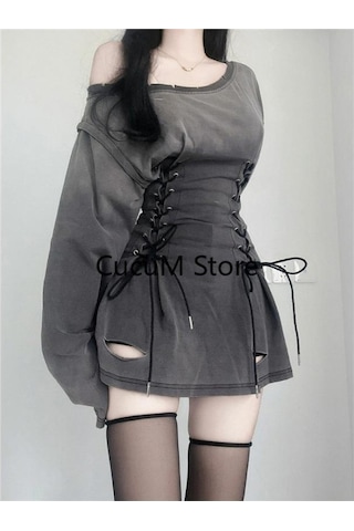 Yeni Fairycore Grunge Goth Korse Elbise Kadın Estetik Harajuku Streetwear Bandaj Ince Bodycon Elbise Y2k 90s Bağımsız Giysiler Koyu Gri