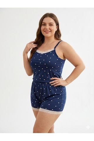 Pemilo Kadın 7240 Büyük Beden İp Askılı Şortlu Pijama Takımı Lacivert