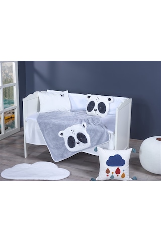 Lüx Sevimli Panda Figürlü Welsoft Battaniye + Yastık Gri