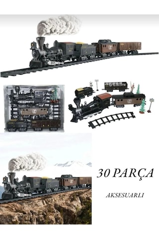 Pilli Buharlı Tren Seti - 30 Parça Işıklı Sesli Gerçek Duman Çıkaran Raylı Tren Oyuncağı