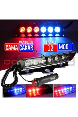 Tiger Marketing Araç Içi Vantuzlu Cama Çakar Kırmızı Mavi 6 Led 12 Farklı Mod