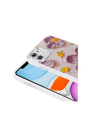 Apple Uyumlu iPhone 11 İle Çiçek Desenli Parlak Taşlı Sert Silikon Kapak