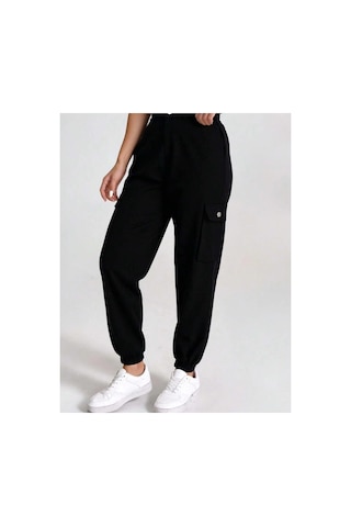 Kene Jeans Yüksek Bel Siyah Paça Lastik Kargo Cepketen Mom Pantolon Siyah