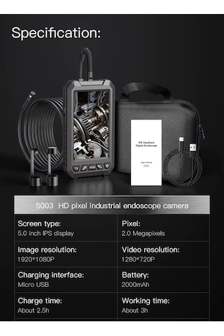 Anesok 5003-b 8mm Dual Lens 5 Metre Sert Kablo Endüstriyel Yılan Kamera