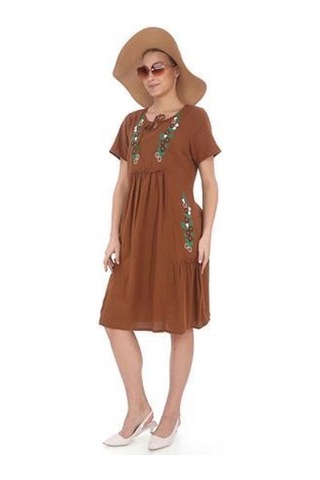 Yarım Kol Yuvarlak Yaka İşlemeli Keten Elbise-9166 Tarçın