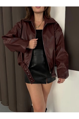 Astarlı Kemerli Pb Deri Ceket Bordo Onst Bordo