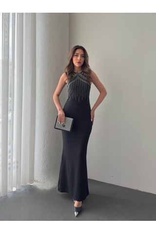 Ge Ticaret Kadın Omuz Çoklu Askılı Önü Taş Işlemeli Balık Kesim Janjan Krep Maxi Boy Elbise Siyah