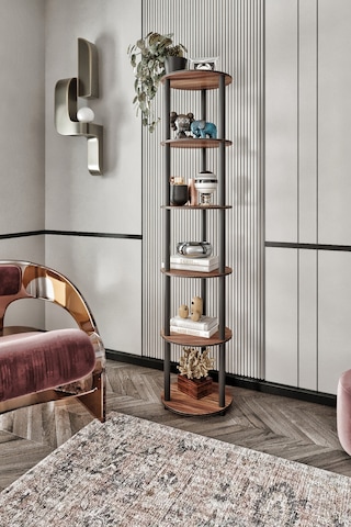 Dekoratif Masivo Kitaplık 6 Katlı 34 Çap Yuvarlak Çok Amaçlı Raf Ceviz