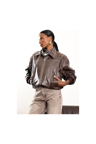 Kahverengi Kontrast Dikişli Deri Bomber Ceket Kahverengi