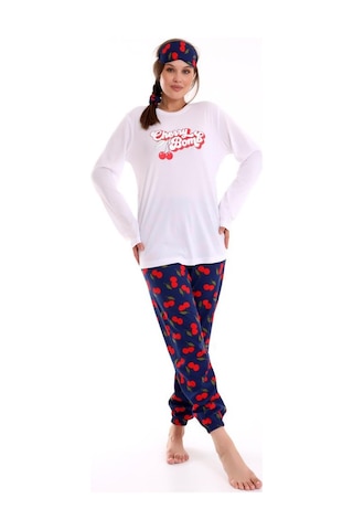 Calimera Kadın Pijama Takımı Uzun Kol Pamuklu Sıfır Yaka Beyaz - Lacivert