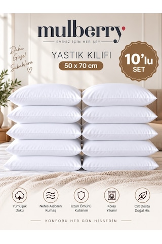 10'lu Yastık Kılıfı 50x70 Cm Beyaz Premium Kalite Yastık Kılıfı Seti