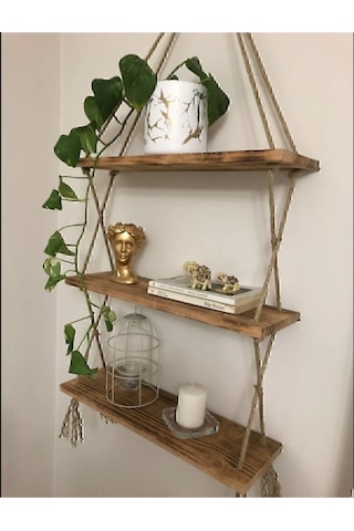 Ahşap Dekoratif Tasarım 3'lü Halatlı Raf Hazır Kurulu 39cm 9cm Kahverengi