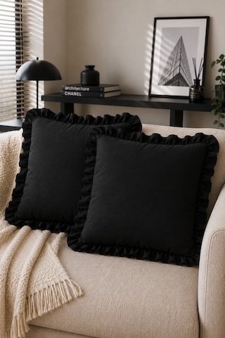 2 Li Siyah Fırfırlı Dekoratif Kırlent Kılıfı %100 Pamuk 45x45 Cm
