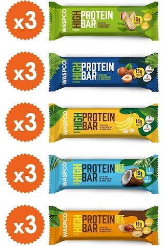 Waspco Yüksek Protein Bar Karma Kutu 50 G 5 Çeşit Toplam 15 Adet