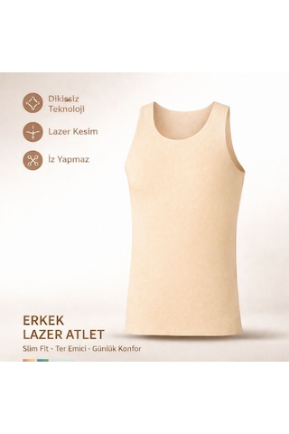 Qulat Berrak Erkek Lazer Kesim Görünmez Dikişsiz Atlet %85 Pamuk %15 Elastan Slim Fit İz Yapmaz/ 2 Adet Bej