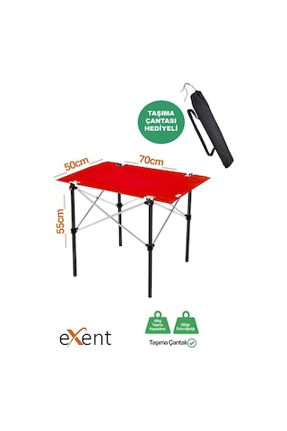 Exent 50x70 Cm Kamp Masası Katlanabilir Masa, Piknik Masası, Siyah Taşıma Çantalı-kırmızı Çok Renkli