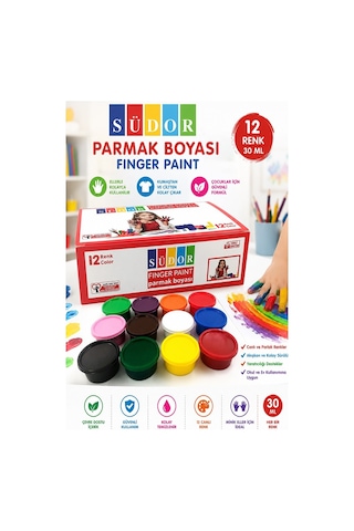 Parmak Boya 12 Renk 1 Adet Südor 25 Ml 12 Li Parmak Boyası Resim Dersi Su Bazlı Resim Okul Öncesi Kreş Anasınıfı Çok Renkli