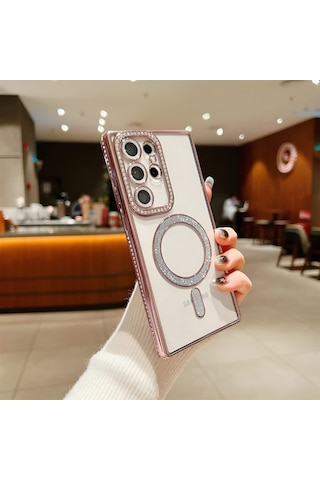 Samsung Galaxy S26 Ultra Uyumlu Şeffaf Taşlı Magsafe Özellikli Kılıf Rose Pembe