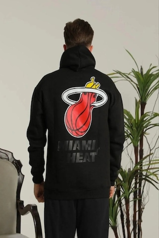 Erkek Oversize Üç İplik Kapüşonlu Sweatshirt Sırt Ve Ön Baskılı, Kanguru Cepli, Rahat Kalıp Maskot Siyah