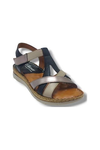 Ellanor S-553-26 Hakiki Deri Cırtlı Anatomik Taban Kadın Sandalet Siyah Bej Bronz
