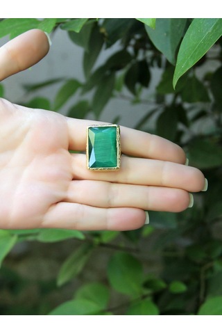 Kedi Gözü Cam Kadın Ayarlanabilir Altın Kaplama Yüzük Koyu Yeşil Euy69ky Yeşil