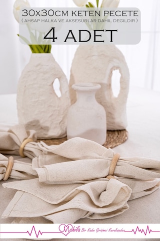 4 Adet %100 Ham Keten Peçete 30x30cm, Amerikan Sunum Peçetesi, Organik Keten Dekoratif Peçete Bej