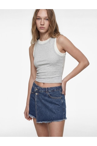 Koton Asimetrik Kesim Düğmeli Rahat Kalıp Pamuklu Denim Mini Şort Etek Orta İndigo 6sal40001md