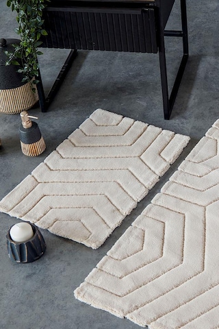 Hcw Plaid Bej %100 Pamuk Viskon 2 Parça Banyo Paspas Seti 40 60+60 100 Cm Bej