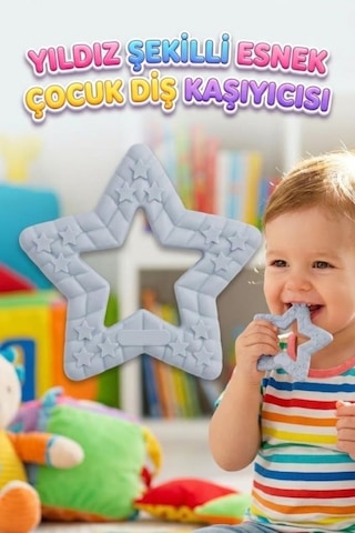 Yıldız Şekilli Esnek Bpa İçermeyen Kabartılı Pastel Renkli Oyuncak Bebek Diş Kaşıyıcısı Gri