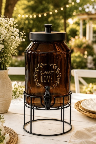 4 Litre Amber Cam Sebil Standlı Dispenser Musluklu İçecek Sunumluk Şerbetlik Kahverengi