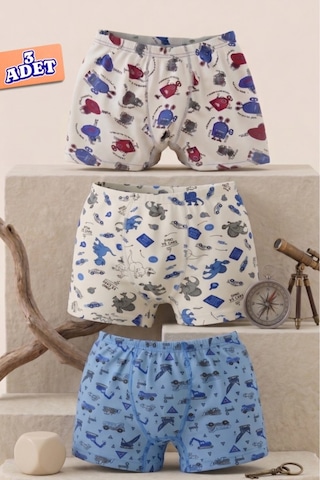 Andredimoda Erkek Çocuk Boxer Pamuklu Desenli Boxer 3'lü Paket Karışık Karışık