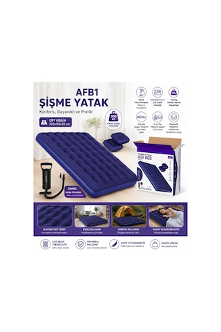 Afb1 Çift Kişilik Şişme Yatak Dahili Pompalı 203x152x22cm Kamp & Ev Kullanımı İçin Havalı Şişirme Yatak Yastık Ve Pompa Dahil Lacivert