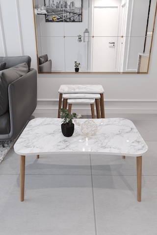 Esma Orta Sehpa Ve Zigon Sehpa 4'Lü Ahşap Ayaklı - Beyaz Mermer