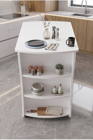 Mutfak Adası Raflı Mutfak Bar Masası Çok Amaçlı Hazırlık Ve Servis Masası 9837 Beyaz Çok Renkli