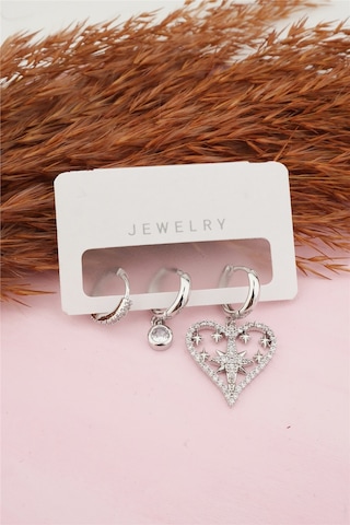 Kadın Kararmaz Kalp Detaylı Zirkon Küpe Set Gümüş-M