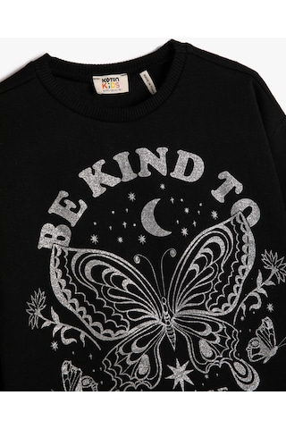 Koton Sweatshirt Kelebek Baskılı Simli Uzun Kollu Bisiklet Yaka Şardonlu Siyah 4wkg10211ak 4WKG10211AK999 Siyah