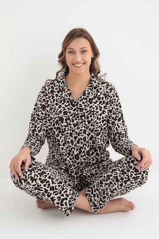 Senfoni Kadın Gömlek Yaka Uzun Kol Leopar Desenli Pamuklu Pijama Takımı 6007 -1 Adet 001