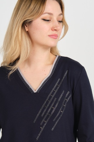 Detay Triko Kadın V Yaka Taş İşlemeli Uzun Kol Anne Bluz 5751 Lacivert Lacivert