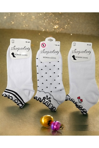 Shopiolog Sevimli Marul Desenli Bilek Çorabı 3'lü Paket Siyah-beyaz Beyaz - Siyah